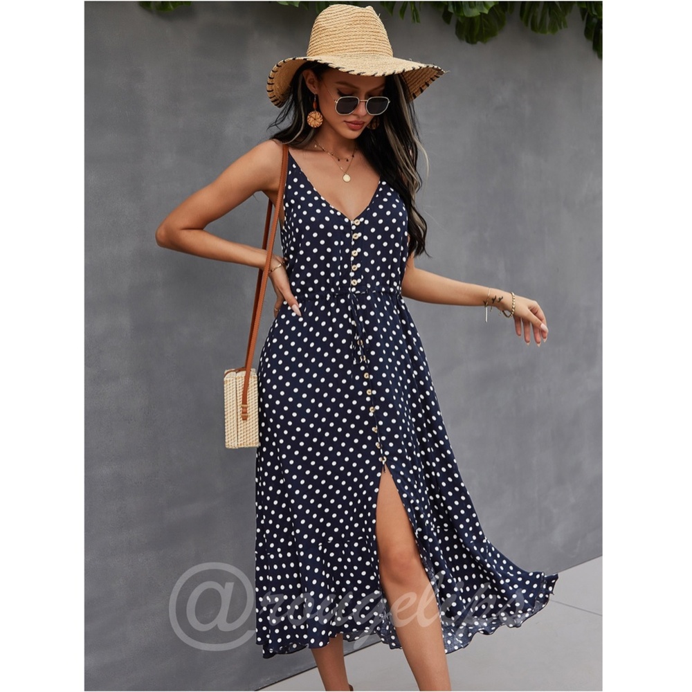 Navy Blue Polka Dot Midi Button Through Dress Flared V-Neck
